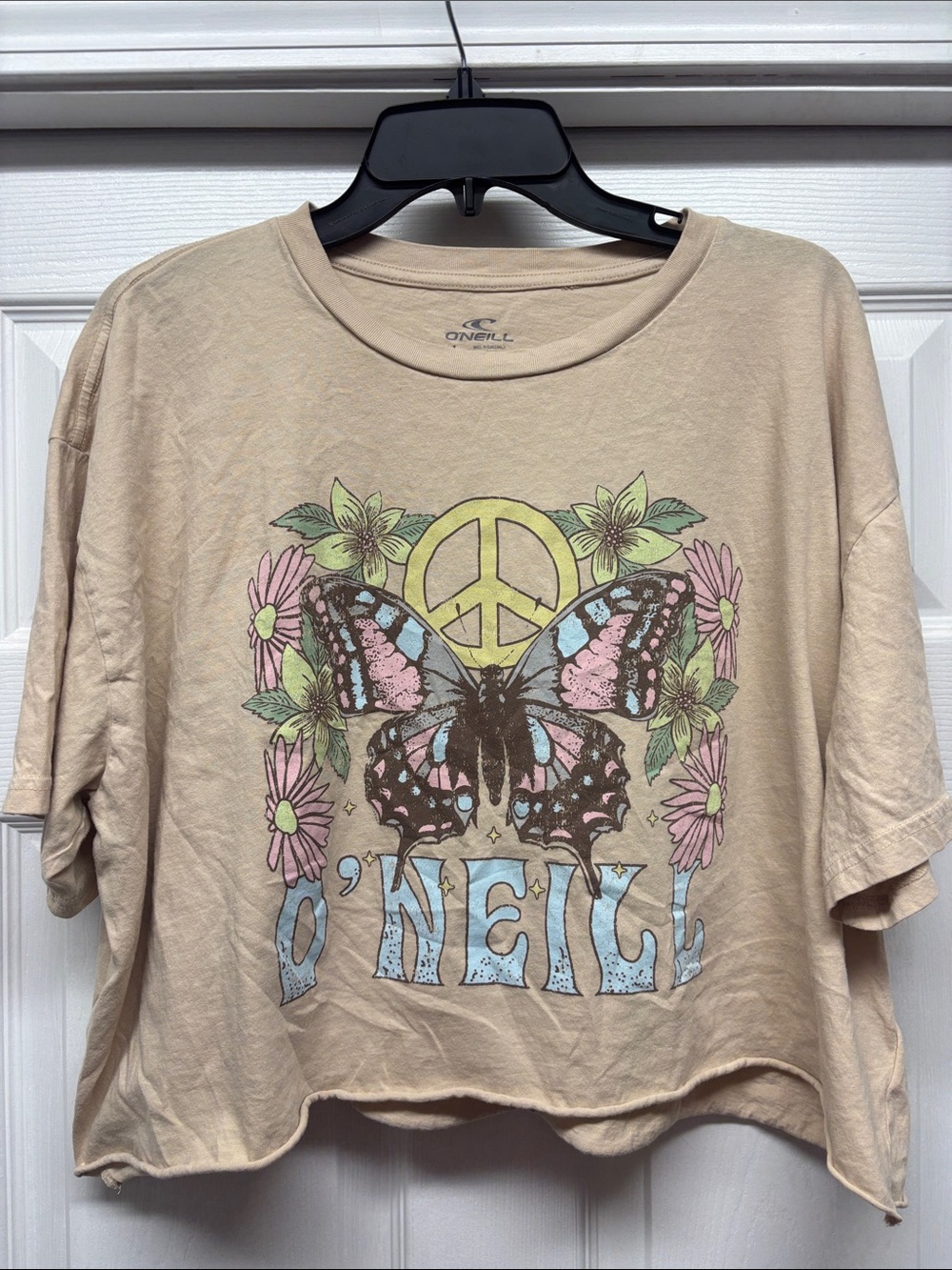 O'Neill Beige Cropped Tee w/Flowers, Pastel Butterfly & Yellow Peace Graphic L
